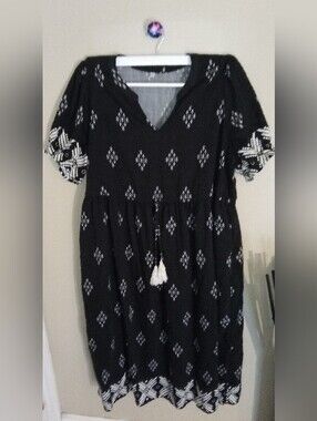 Black White Dress Drawstring Ruffle Sleeve Size XL